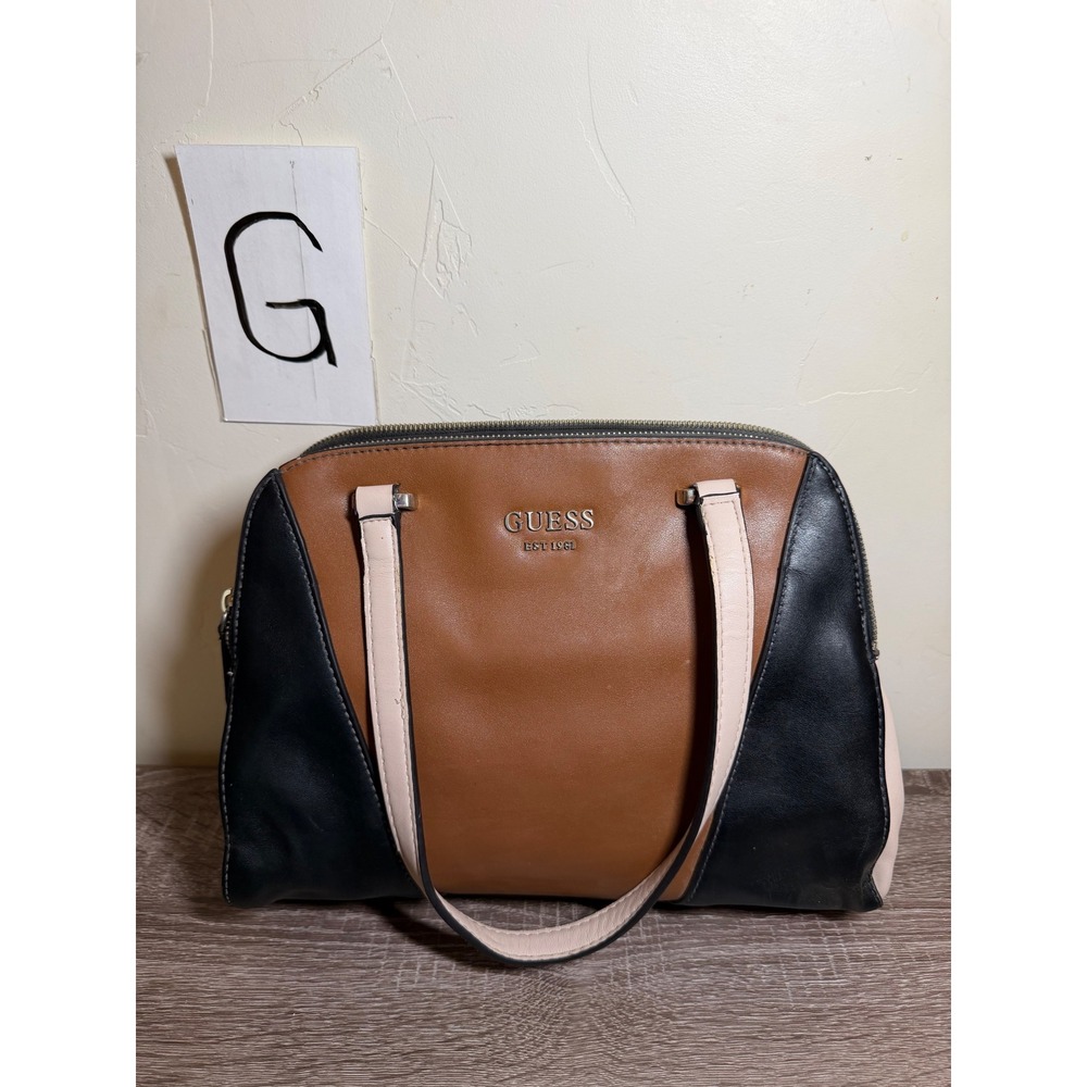 Guess Handbag Color Block Satchel Brown Black Cream OS